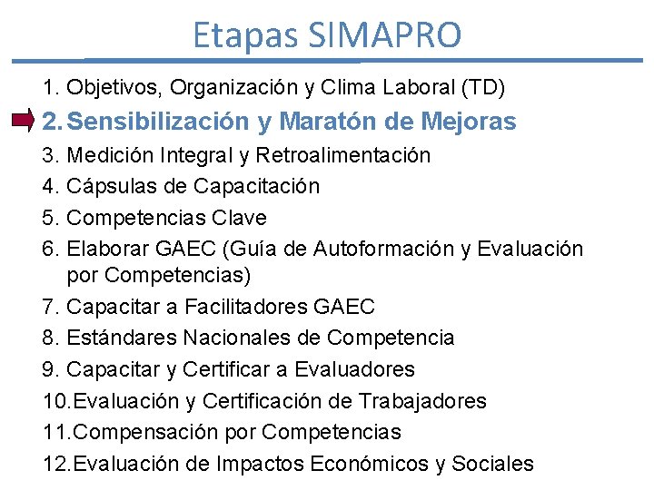 Etapas SIMAPRO 1. Objetivos, Organización y Clima Laboral (TD) 2. Sensibilización y Maratón de