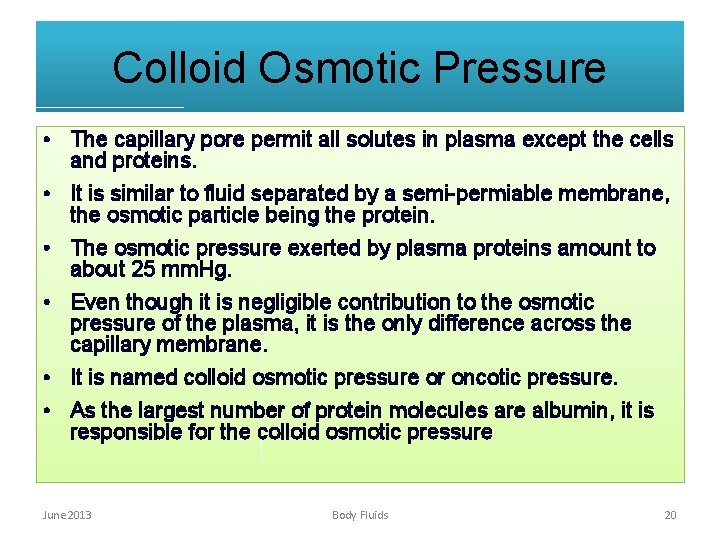Colloid Osmotic Pressure • The capillary pore permit all solutes in plasma except the