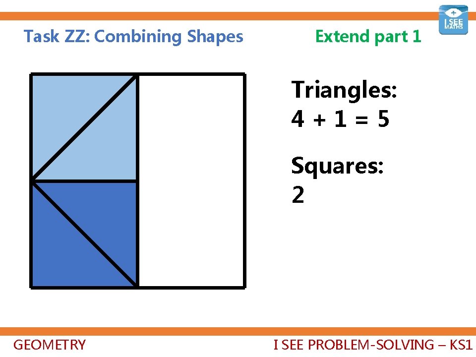 Task ZZ: Combining Shapes Extend part 1 Triangles: 4+1=5 Squares: 2+1=3 GEOMETRY I SEE