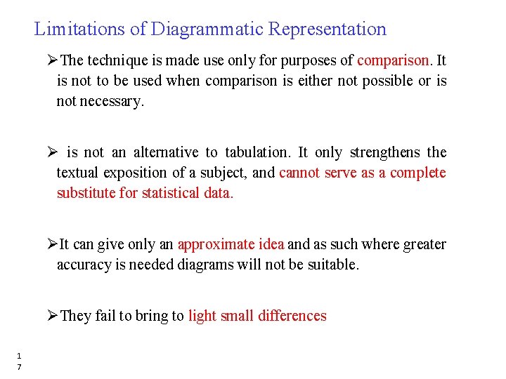 Limitations of Diagrammatic Representation ØThe technique is made use only for purposes of comparison. Limitations of Diagrammatic Representation ØThe technique is made use only for purposes of comparison.