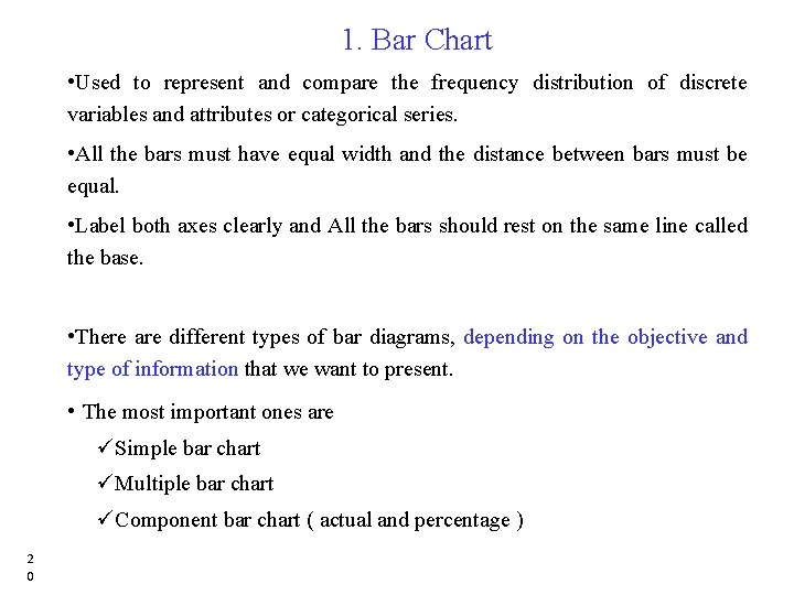 1. Bar Chart • Used to represent and compare the frequency distribution of discrete 1. Bar Chart • Used to represent and compare the frequency distribution of discrete