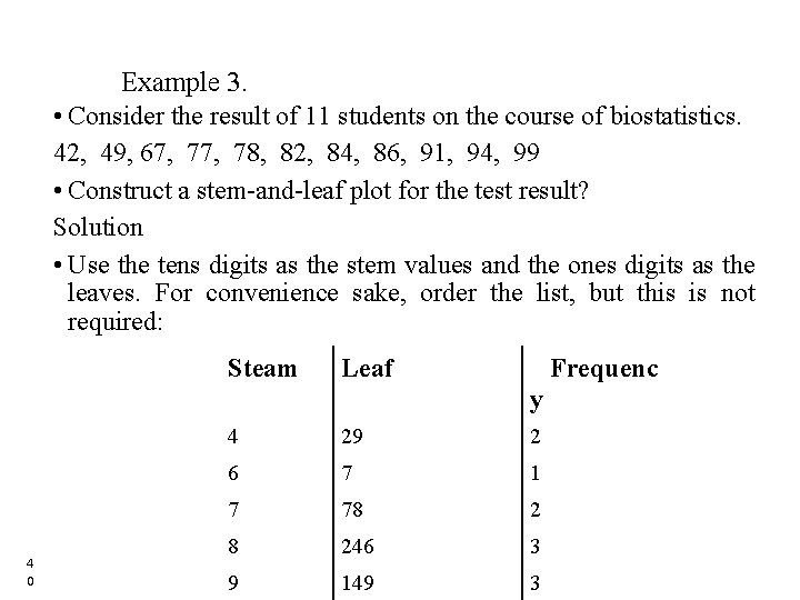 Example 3. • Consider the result of 11 students on the course of biostatistics. Example 3. • Consider the result of 11 students on the course of biostatistics.