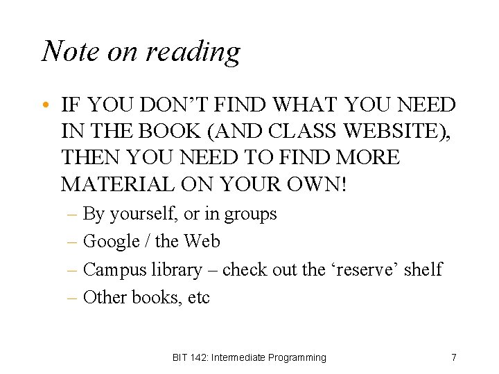 Note on reading • IF YOU DON’T FIND WHAT YOU NEED IN THE BOOK