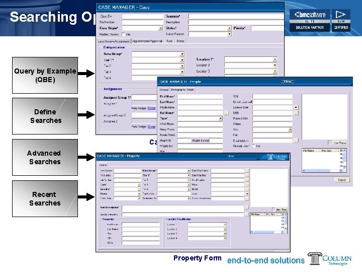 Searching Options Query by Example (QBE) Define Searches Case Management Form Advanced Searches People