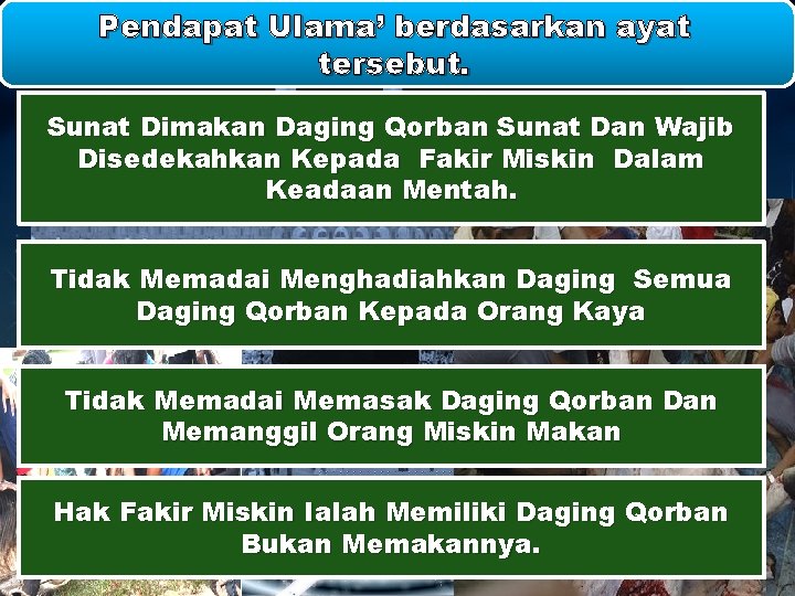 Pendapat Ulama’ berdasarkan ayat tersebut. Sunat Dimakan Daging Qorban Sunat Dan Wajib Disedekahkan Kepada