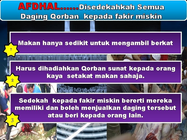 AFDHAL……Disedekahkah Semua Daging Qorban kepada fakir miskin 1 2 Makan hanya sedikit untuk mengambil