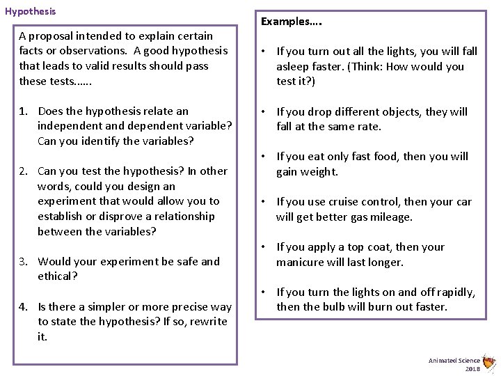 Hypothesis A proposal intended to explain certain facts or observations. A good hypothesis that