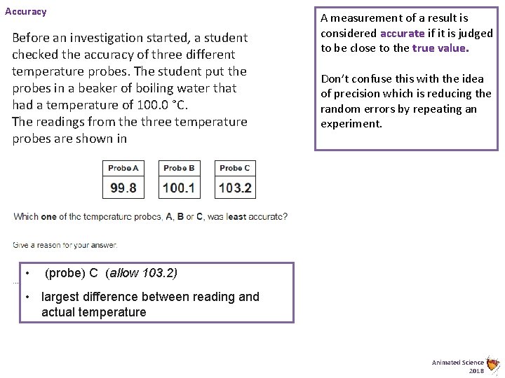 Accuracy Before an investigation started, a student checked the accuracy of three different temperature