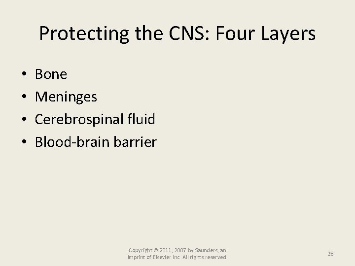 Protecting the CNS: Four Layers • • Bone Meninges Cerebrospinal fluid Blood-brain barrier Copyright