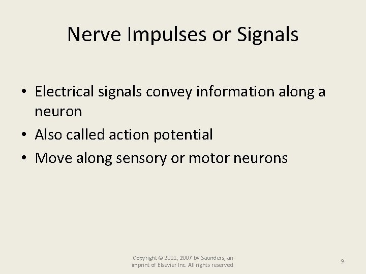 Nerve Impulses or Signals • Electrical signals convey information along a neuron • Also