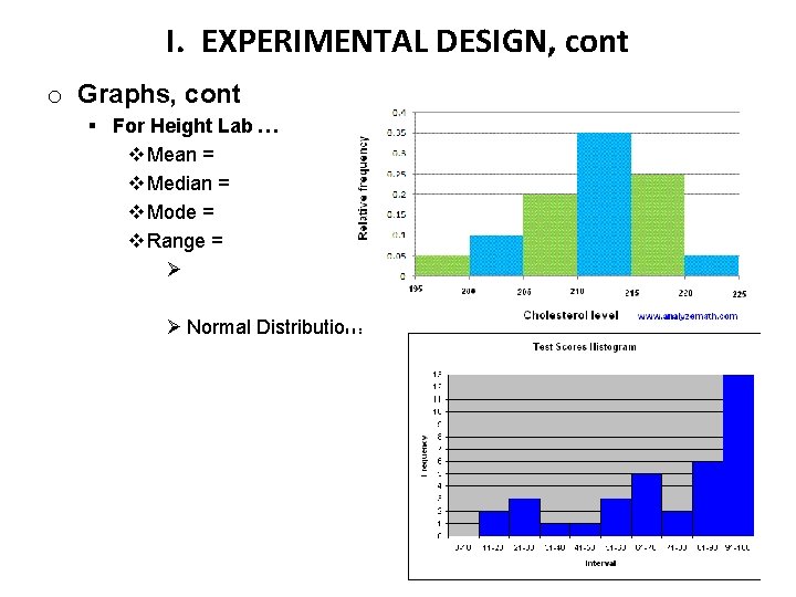 I. EXPERIMENTAL DESIGN, cont o Graphs, cont § For Height Lab … v Mean