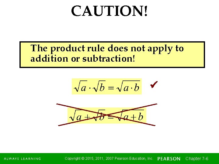 CAUTION! The product rule does not apply to addition or subtraction! Copyright © 2015,