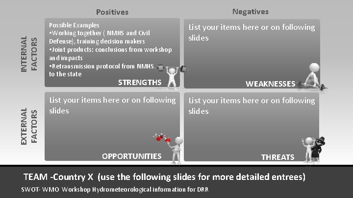 INTERNAL FACTORS Positives Negatives Possible Examples Working together ( NMHS and Civil Defense), training