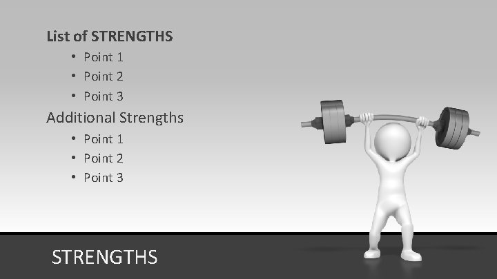 List of STRENGTHS • Point 1 • Point 2 • Point 3 Additional Strengths