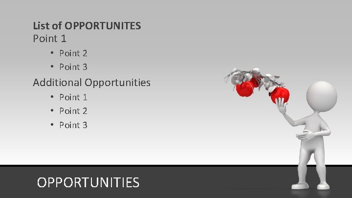 List of OPPORTUNITES Point 1 • Point 2 • Point 3 Additional Opportunities •