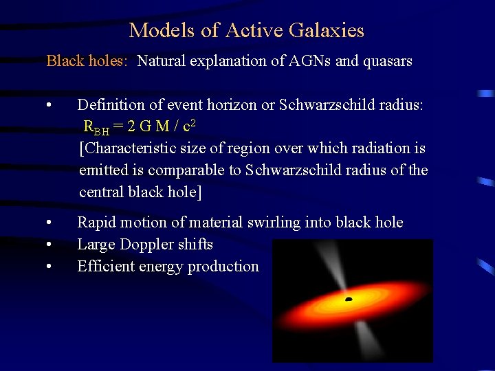 Models of Active Galaxies Black holes: Natural explanation of AGNs and quasars • Definition