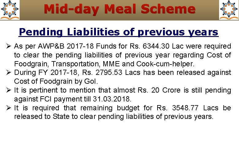 Mid-day Meal Scheme Pending Liabilities of previous years Ø As per AWP&B 2017 -18