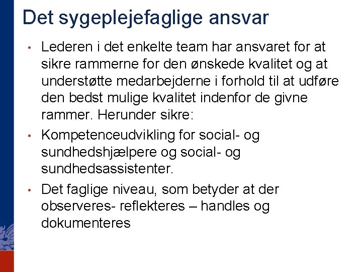 Det sygeplejefaglige ansvar • • • Lederen i det enkelte team har ansvaret for