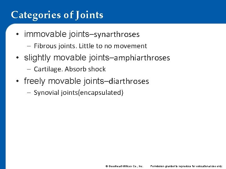 Categories of Joints • immovable joints–synarthroses – Fibrous joints. Little to no movement •