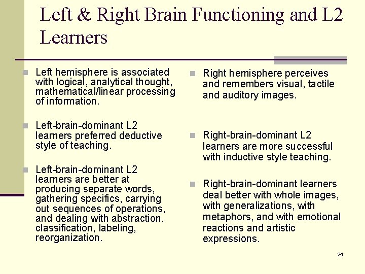 Left & Right Brain Functioning and L 2 Learners n Left hemisphere is associated