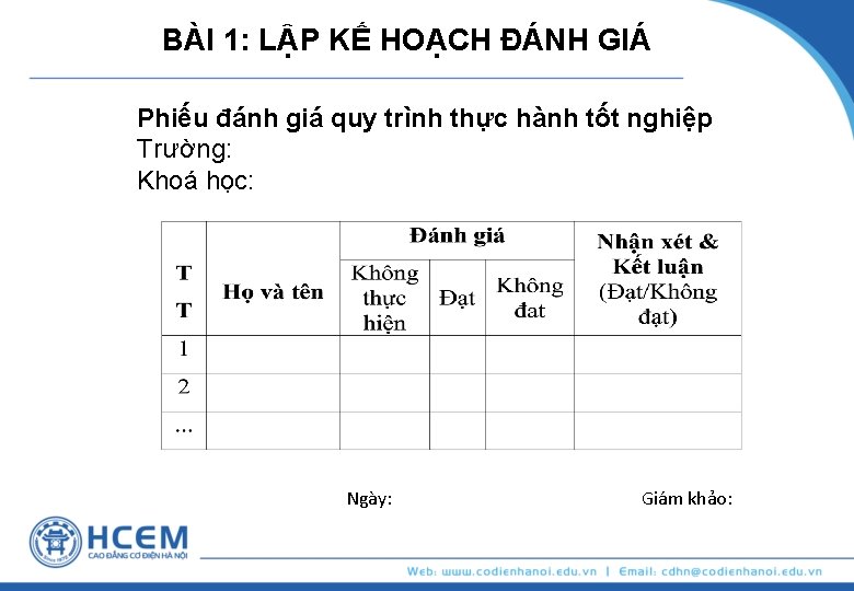 BÀI 1: LẬP KẾ HOẠCH ĐÁNH GIÁ Phiếu đánh giá quy trình thực hành