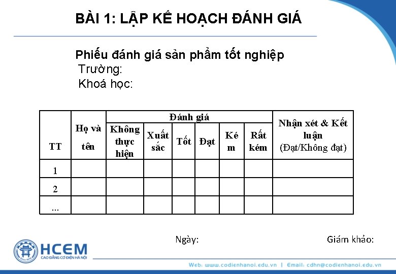 BÀI 1: LẬP KẾ HOẠCH ĐÁNH GIÁ Phiếu đánh giá sản phẩm tốt nghiệp