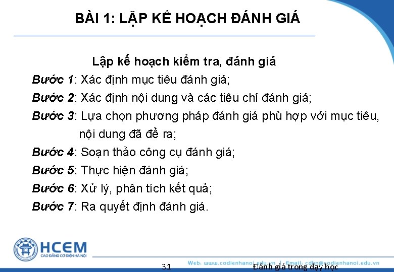 BÀI 1: LẬP KẾ HOẠCH ĐÁNH GIÁ Lập kế hoạch kiểm tra, đánh giá