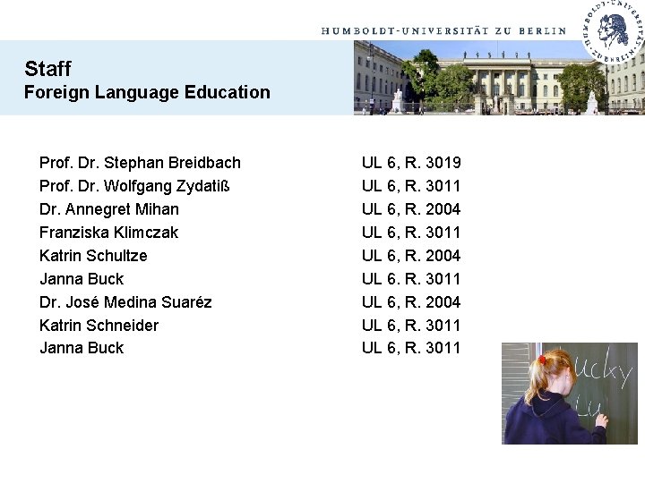 Staff Foreign Language Education Prof. Dr. Stephan Breidbach Prof. Dr. Wolfgang Zydatiß Dr. Annegret