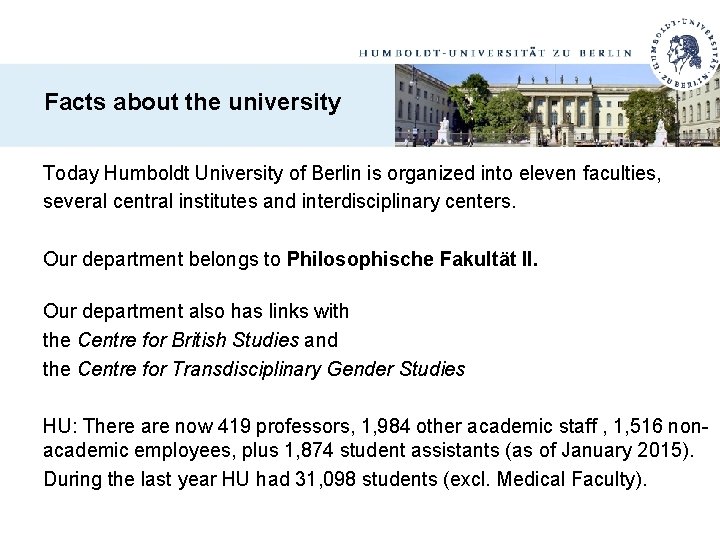 Facts about the university Today Humboldt University of Berlin is organized into eleven faculties,