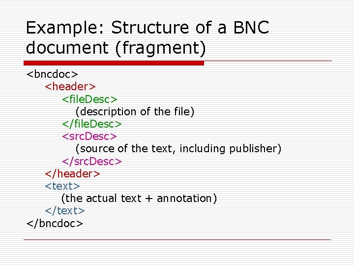 Example: Structure of a BNC document (fragment) <bncdoc> <header> <file. Desc> (description of the