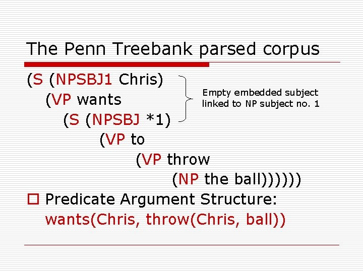 The Penn Treebank parsed corpus (S (NPSBJ 1 Chris) Empty embedded subject (VP wants