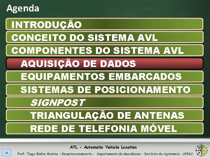 Agenda INTRODUÇÃO CONCEITO DO SISTEMA AVL COMPONENTES DO SISTEMA AVL AQUISIÇÃO DE DADOS EQUIPAMENTOS