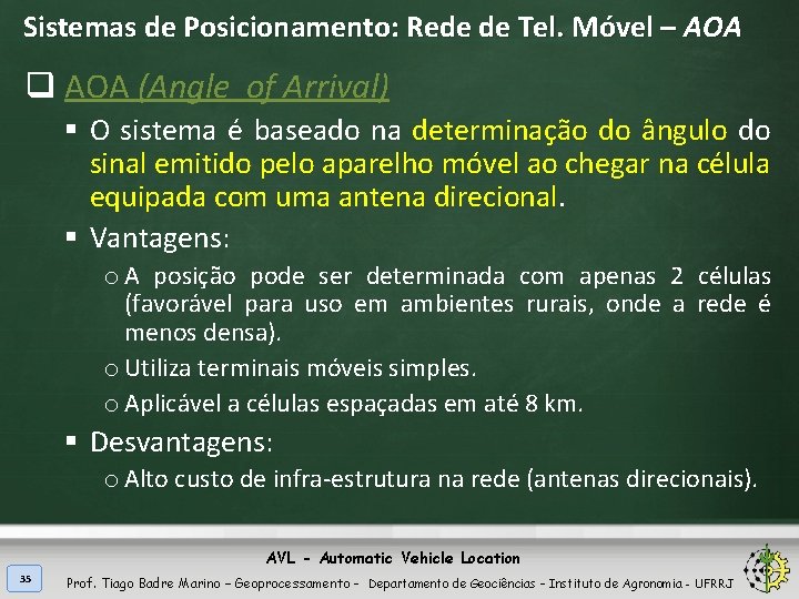 Sistemas de Posicionamento: Rede de Tel. Móvel – AOA q AOA (Angle of Arrival)