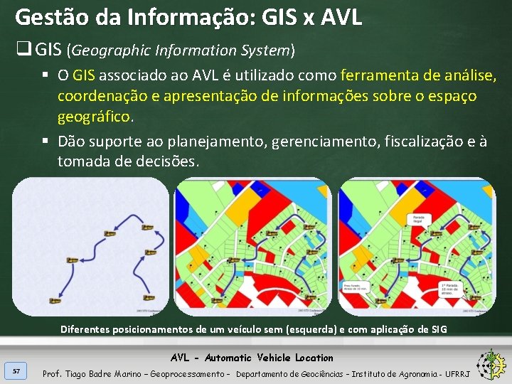 Gestão da Informação: GIS x AVL q GIS (Geographic Information System) § O GIS