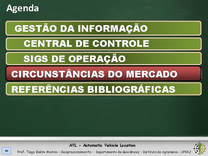 Agenda GESTÃO DA INFORMAÇÃO CENTRAL DE CONTROLE SIGS DE OPERAÇÃO CIRCUNST NCIAS DO MERCADO