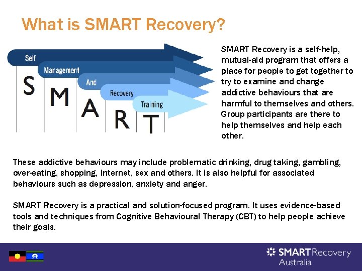 What is SMART Recovery? SMART Recovery is a self-help, mutual-aid program that offers a