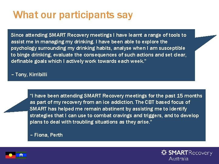 What our participants say Since attending SMART Recovery meetings I have learnt a range