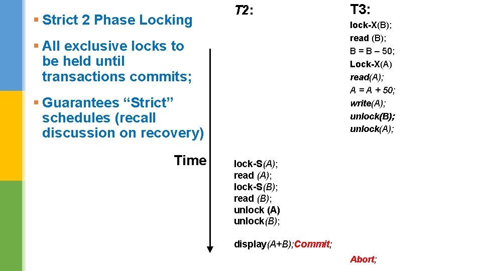§ Strict 2 Phase Locking T 2: lock-X(B); read (B); B = B –