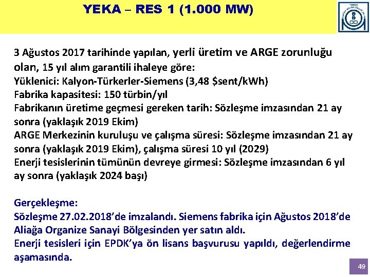 YEKA – RES 1 (1. 000 MW) 3 Ağustos 2017 tarihinde yapılan, yerli üretim