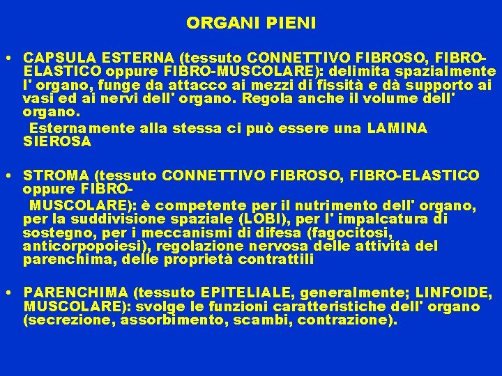 ORGANI PIENI • CAPSULA ESTERNA (tessuto CONNETTIVO FIBROSO, FIBROELASTICO oppure FIBRO-MUSCOLARE): delimita spazialmente l'