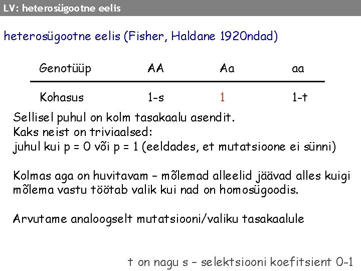 LV: heterosügootne eelis (Fisher, Haldane 1920 ndad) Genotüüp AA Aa aa Kohasus 1 -s