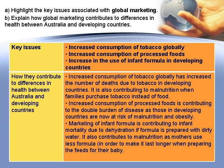 a) Highlight the key issues associated with global marketing. b) Explain how global marketing