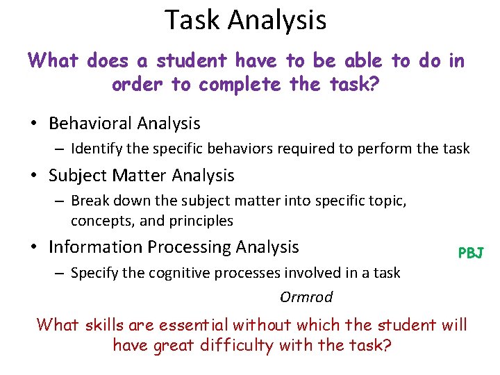 Task Analysis What does a student have to be able to do in order