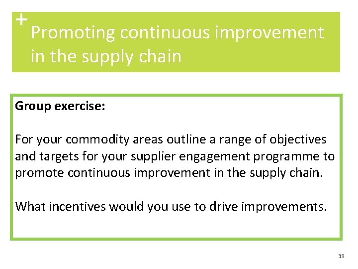 + Promoting continuous improvement in the supply chain Group exercise: For your commodity areas