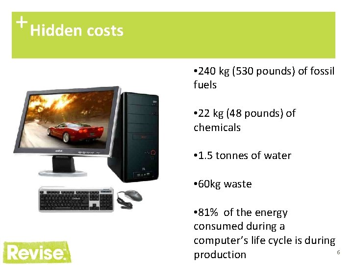 + Hidden costs • 240 kg (530 pounds) of fossil fuels • 22 kg