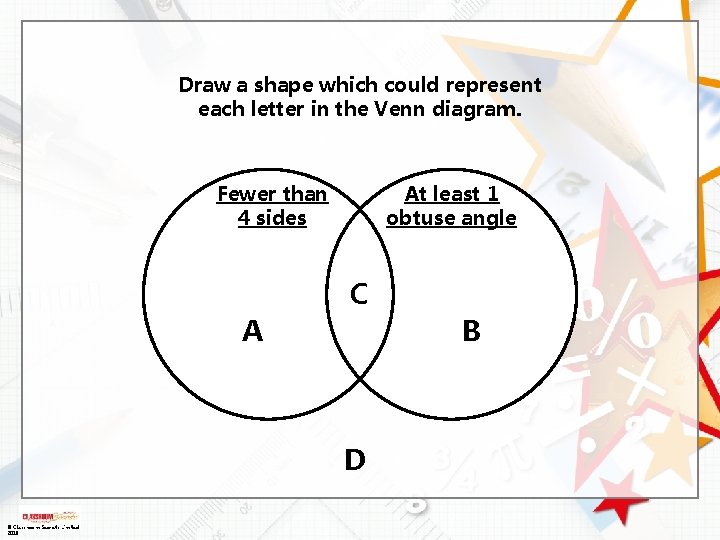 Draw a shape which could represent each letter in the Venn diagram. Fewer than