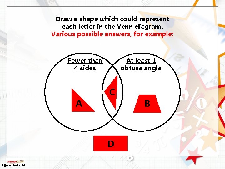 Draw a shape which could represent each letter in the Venn diagram. Various possible