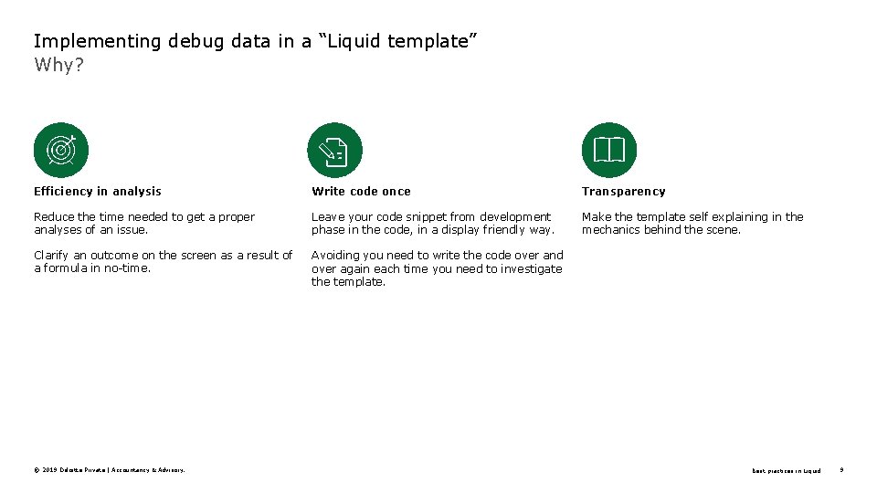 Implementing debug data in a “Liquid template” Why? Efficiency in analysis Write code once