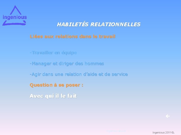 HABILETÉS RELATIONNELLES Liées aux relations dans le travail -Travailler en équipe -Manager et diriger