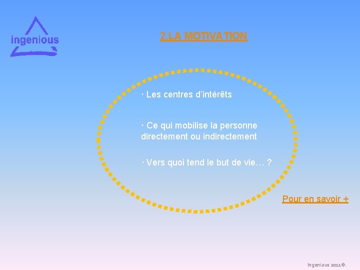 2. LA MOTIVATION Les centres d’intérêts Ce qui mobilise la personne directement ou indirectement